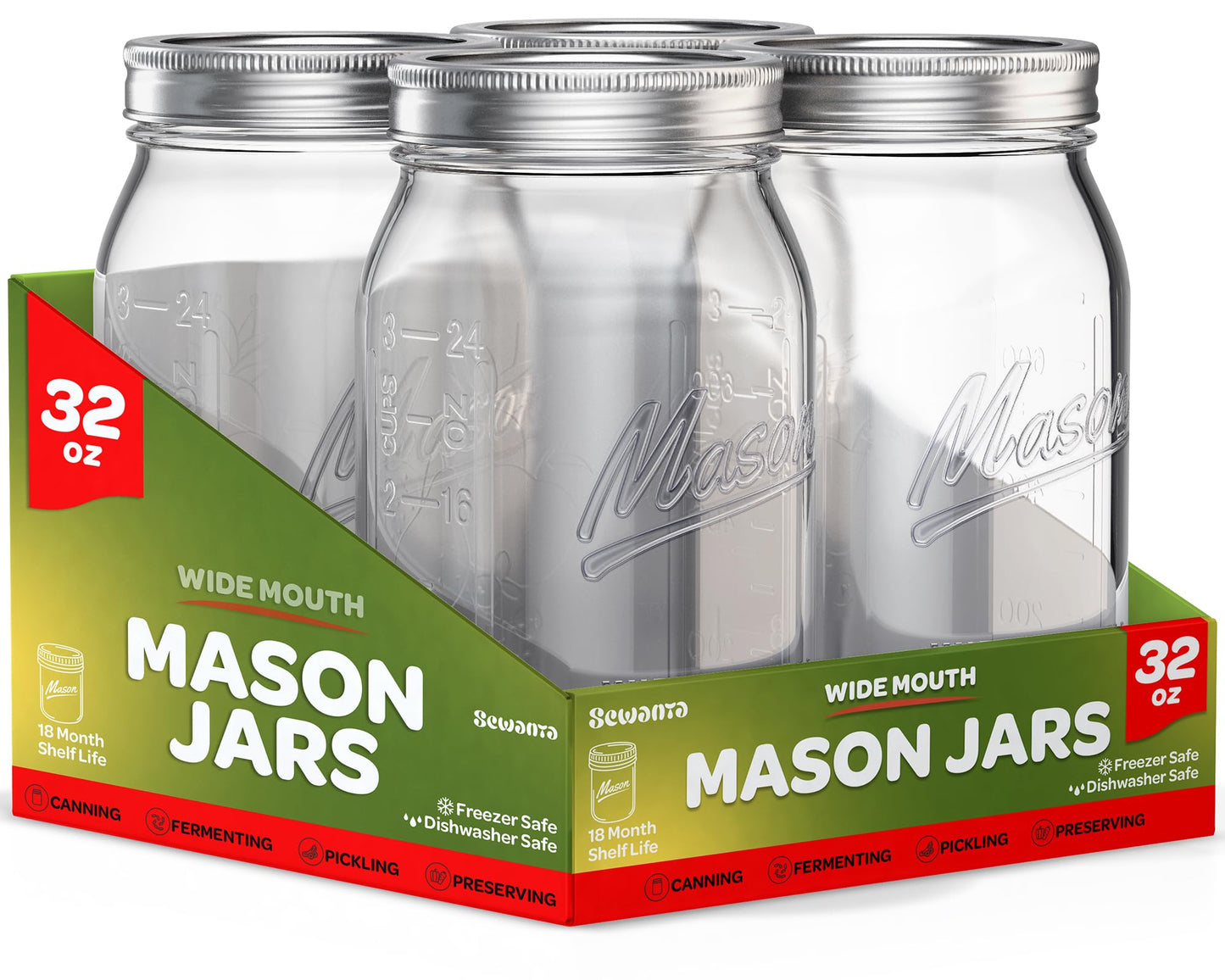 SEWANTA Wide Mouth Mason Jars 32 oz [4 Pack] With Mason Jar Lids and Bands, Mason Jars 32 oz - For Canning, Fermenting, Pickling - Jar Decor - Microwave/Freeze/Dishwasher Safe.