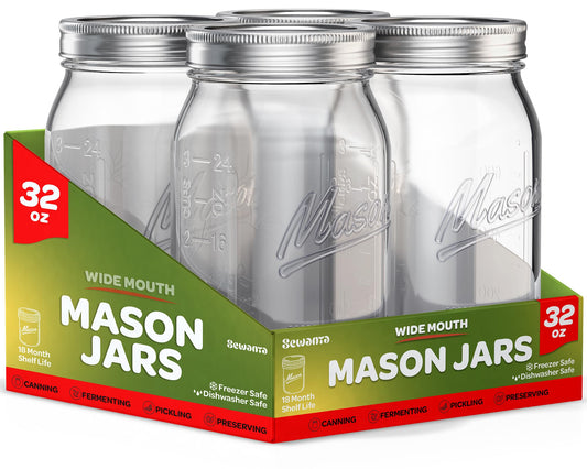SEWANTA Wide Mouth Mason Jars 32 oz [4 Pack] With Mason Jar Lids and Bands, Mason Jars 32 oz - For Canning, Fermenting, Pickling - Jar Decor - Microwave/Freeze/Dishwasher Safe.