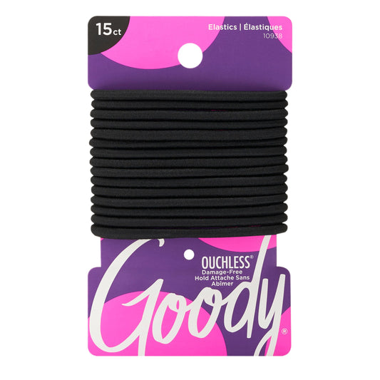 Goody Ouchless Elastic Hair Ties, 15 Ct, Black, 4MM Rubber Bands, Pain-Free Styling Accessories for Women & Men, Made for Long-Lasting Braids, Ponytails & More, All Hair Types